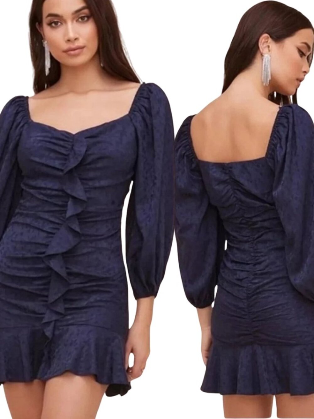 ASTR The Label Satin Ruched Ruffle Mini Dress Women's Medium Navy Cocktail NWT